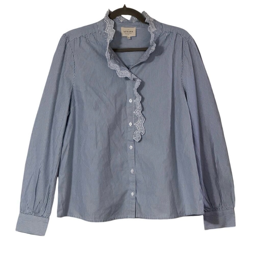 Sezane Striped Cotton Blouse Lace Trim Button Front Long Sleeve Top 44